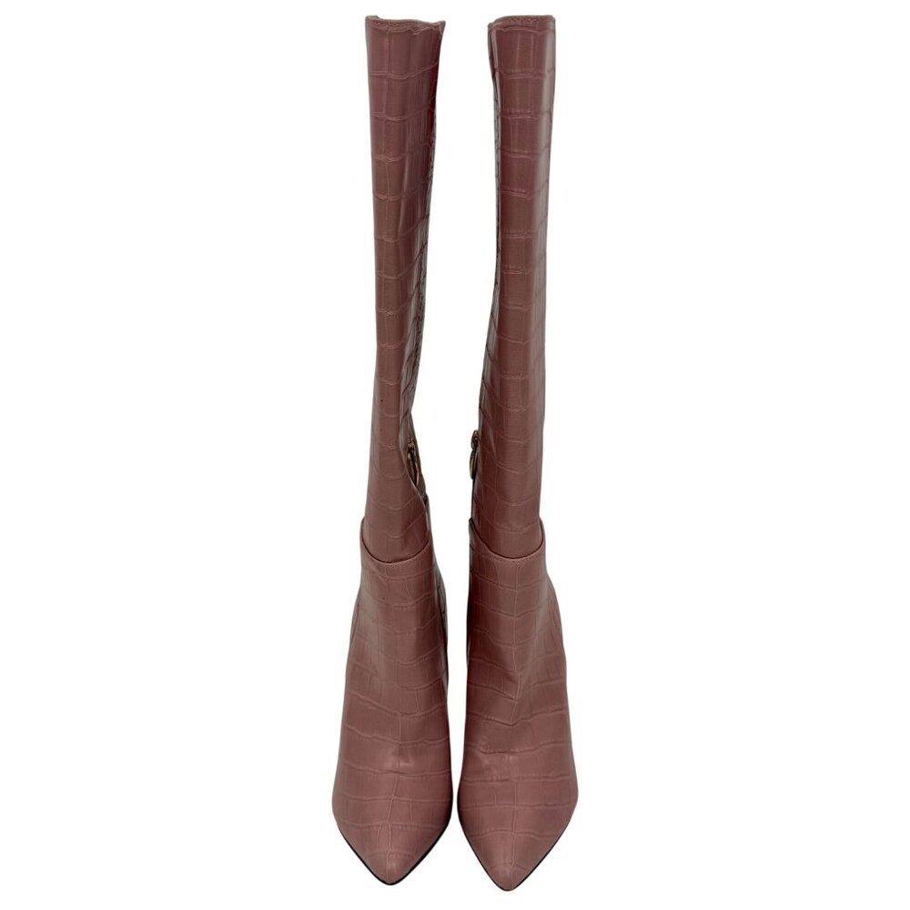 Guess Pink Vegan Croc Pointed Toe Knee High Stiletto Boots | Sexy Baddie Barbie - Picture 14 of 16
